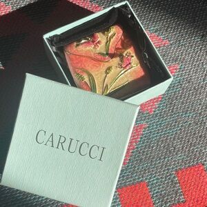 Vintage Carucci Floral Enamel Compact Mirror in Pink, Gold and Green